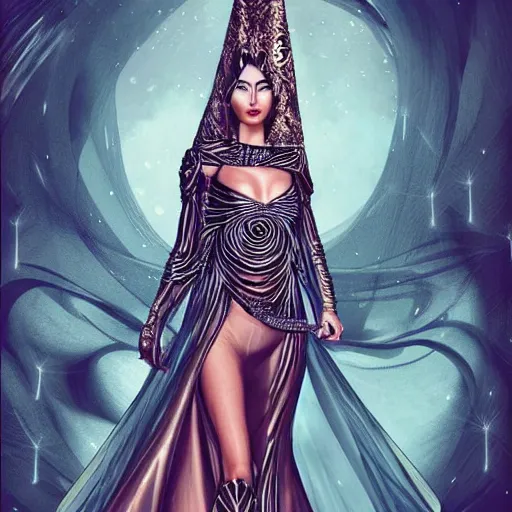 Image similar to a beautiful arabian woman wearing a futuristic dress by alexander mcqueen, artgerm, fashion show, futuristic, organic dress, seamless pattern, concept art, fantasy