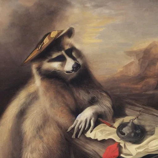 Prompt: a gentleman raccoon wearing a tophap, portrait, painting, detailed, artwork by Anthony van Dyck