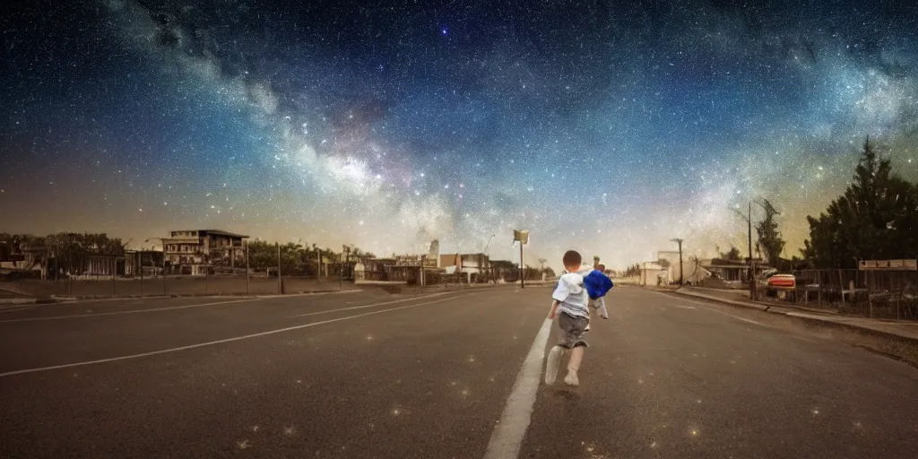 Prompt: color photo of a boy walking down a street in space, sky is full of stars
