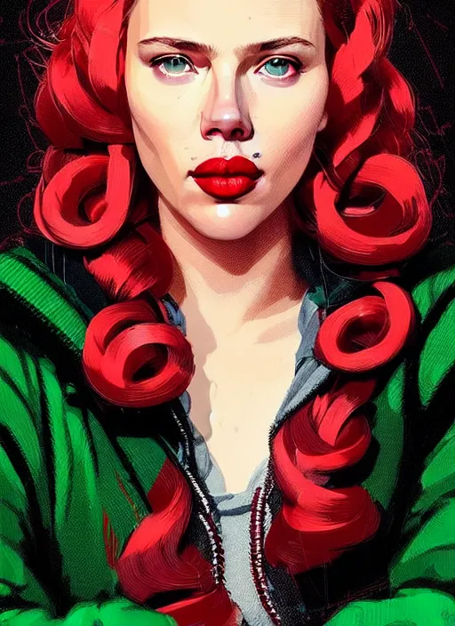 Prompt: highly detailed portrait of scarlett johanson with scarlet lips pogging, tartan hoody, photographic realistic background, ringlet hair by atey ghailan, by greg rutkowski, by greg tocchini, by james gilleard, by joe fenton, by kaethe butcher, gradient red, black, neon green cream and white color scheme, trending in pinterest, award winning details