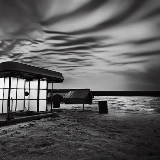 Prompt: film photography of a 1920s wooden gas station at night underwater in front of colourful underwater clouds by Kim Keever. In the foreground floats a seasnake. low shutter speed, 35mm