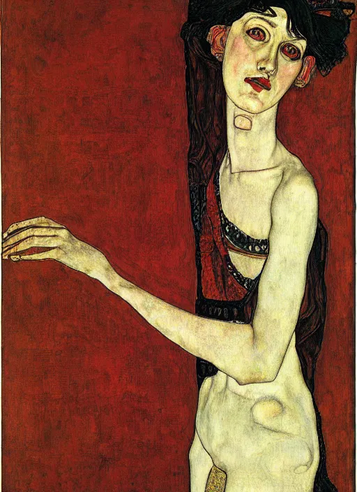 Image similar to portrait of young woman in renaissance dress and renaissance headdress, art by egon schiele