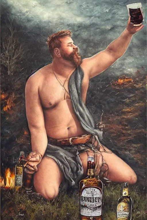 Prompt: a dramatic, epic, ethereal painting of a (!!!!!!handsome!!!!!!) thicc chunky beefy mischievous shirtless man with a big beer belly wearing a large belt and bandana offering a whiskey bottle | he is a cowboy relaxing by a campfire | background is a late night with food and jugs of whisky | homoerotic | stars, tarot card, art deco, art nouveau, mosaic, intricate | by Mark Maggiori (((and Alphonse Mucha))) | trending on artstation