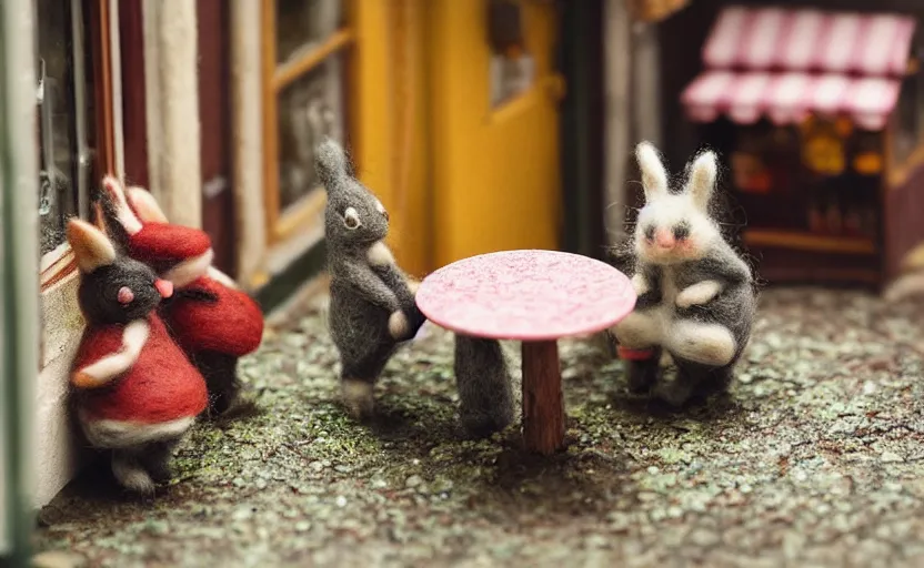 Image similar to miniature cafe diorama macro photography, cafe with felted bunnies, alleyway, ambient, atmospheric, british, cozy, bokeh, romantic