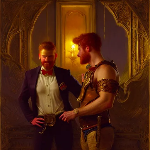 Image similar to attractive male mike with ginger hair and attractive male tyler with brunet hair, drinking their hearts out, in their noble mansion, at night. highly detailed painting by gaston bussiere, craig mullins, donato giancola, j. c. leyendecker 8 k