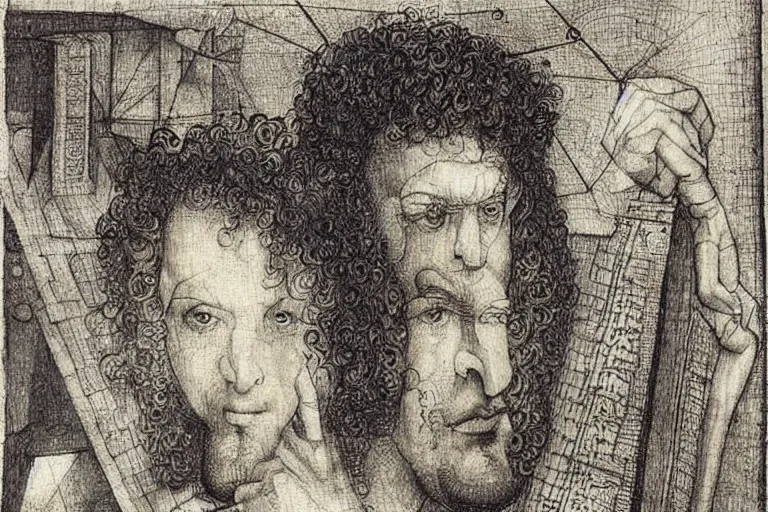 Prompt: ! dream an annoyed curly - haired persian guy programmer by leonardo davinci, hieronymous bosch, mc escher