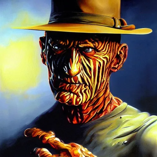 Prompt: ultra realistic portrait painting of freddy krueger, art by frank frazetta, 4 k, ultra realistic, highly detailed, epic lighting