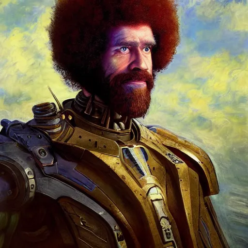 Prompt: A cyborg Bob Ross as the tyrant emperor of the universe. Trending on ArtStation. A vibrant digital oil painting. A highly detailed fantasy character illustration by Wayne Reynolds and Charles Monet and Gustave Dore and Carl Critchlow and Bram Sels