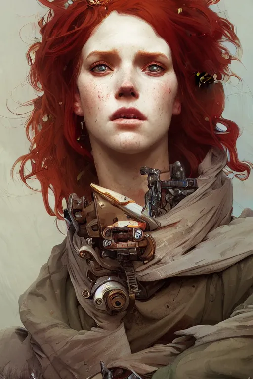 Image similar to A full portrait of a beautiful post apocalyptic red haired, gap toothed, freckled explorer, intricate, elegant, highly detailed, digital painting, artstation, concept art, smooth, sharp focus, illustration, art by Krenz Cushart and Artem Demura and alphonse mucha