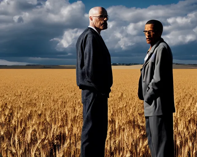 Image similar to extreme long shot of walter white and gustavo fring stand facing each other from a distance in a wheat field, side view, 3 5 mm photograph, 8 k resolution, wide shot, sharp lens