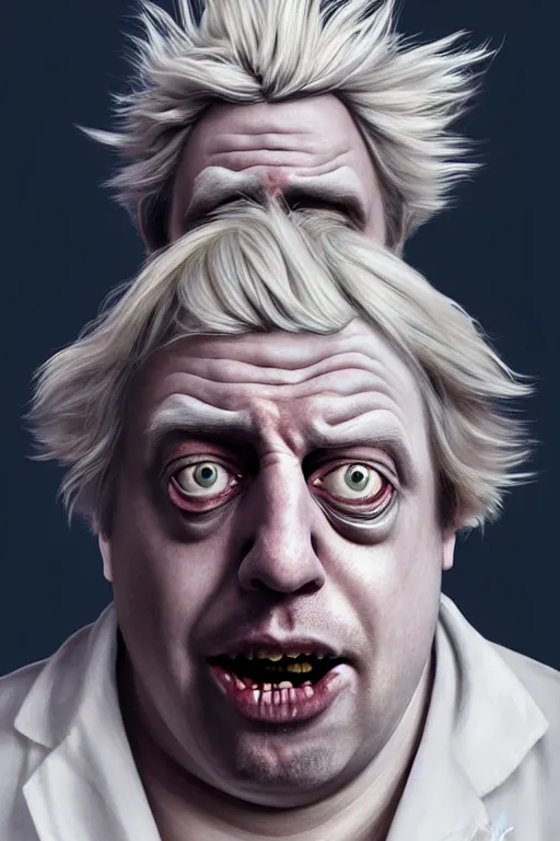 Image similar to Boris Johnson as crazy genius Rick Sanchez from Rick and Morty, unibrow, white robe, big eyes, realistic portrait, symmetrical, highly detailed, digital painting, artstation, concept art, smooth, sharp focus, illustration, cinematic lighting, art by artgerm and greg rutkowski and alphonse mucha