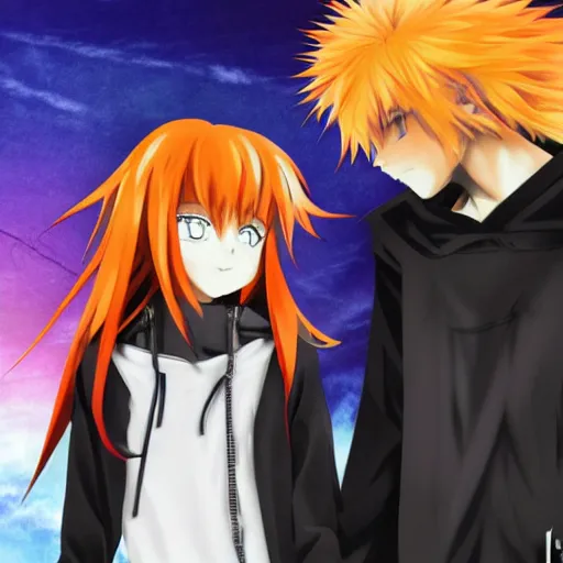 Image similar to orange - haired anime boy, 1 7 - year - old anime boy with wild spiky hair, standing next to 1 7 - year - old pale - skinned persian girl with black long bob cut, long bangs, black gothic jacket, ultra - realistic, sharp details, subsurface scattering, blue sunshine, intricate details, hd anime, 2 0 1 9 anime