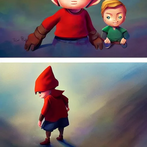 Image similar to little boy character inspired in little hood red and link from legend of zelda, digital artwork made by lois van barlee and rhads