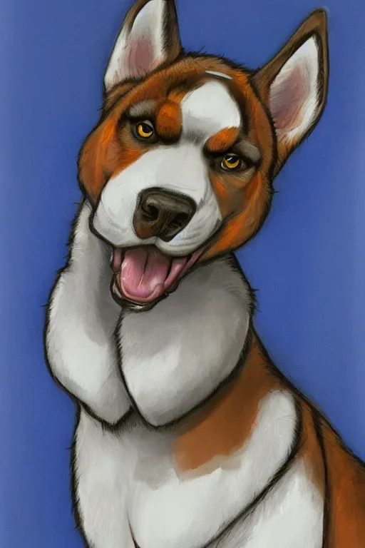 Image similar to a character design of a husky boxer in blue vest, portrait painting, anime, humanoid, anthropomorphic, personify, furry