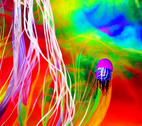 Image similar to abstract beautiful japanese woman jellyfish silk clothing colorful wind