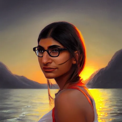 Image similar to a closeup portrait of a mia khalifa, dramatic light, lake background, sunset, dark, painted by stanley lau, painted by greg rutkowski, painted by stanley artgerm, digital art, trending on artstation