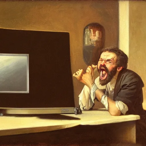 Image similar to an angry man yells at his computer monitor, oil on canvas, 1 8 8 3, highly detailed