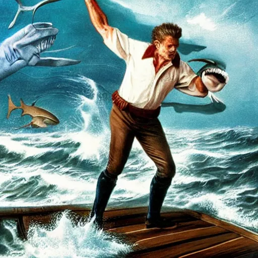 Image similar to Old sailor Willem Dafoe in captain's clothes holds a shark at arm's length, stands on the deck against the background of a raging sea, the background is blurred, focus in the foreground, realism, details,