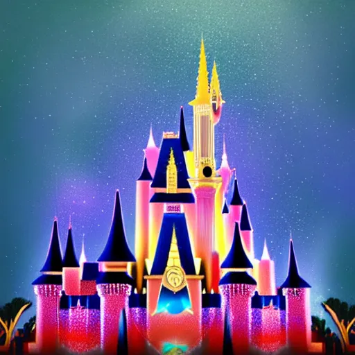 Prompt: digital art of disney world castle with fireworks in the background, trending on artstation