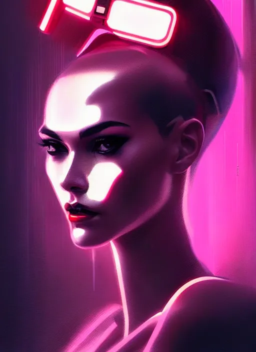 Image similar to portrait of female humanoid, intricate, retro 6 0 s cyberpunk high fashion, elegant, cyber neon lights, highly detailed, digital photography, trending in artstation, trending in pinterest, glamor pose, concept art, smooth, sharp focus, art by artgerm and greg rutkowski