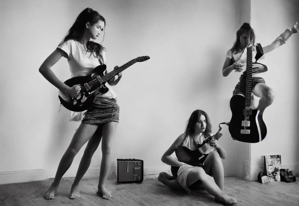 Image similar to hyperreal beautiful women playing guitar in front of a broken flat tv, 3 5 mm, cinestill, depth of field in the style of bruce weber