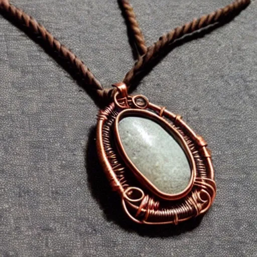 Prompt: a beautiful amulet made from sand and dirt, with copper wire details