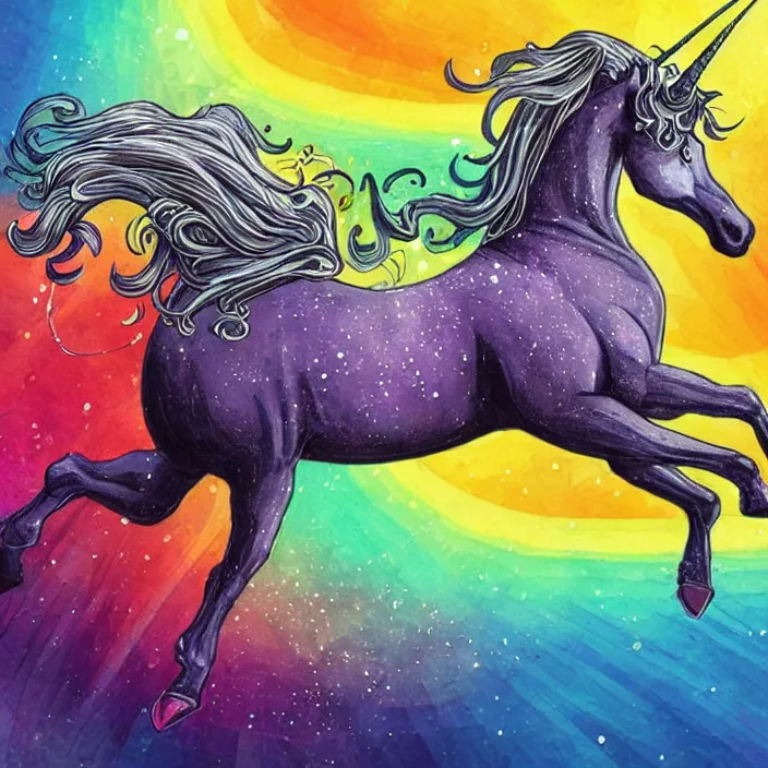 Image similar to a beautiful elegant unicorn running on a rainbow, concept art, intricate details, fierce, powers, comic