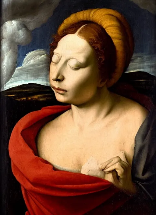 Image similar to renaissance painting of a weeping face enclosed in a circular cloud, painted by raffaello