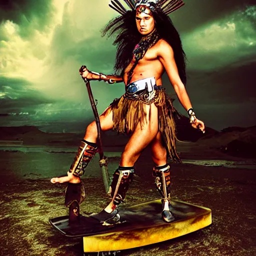 Image similar to Maori warrior princess on ancient steam punk hooverboard, storm outside by david LaChapelle