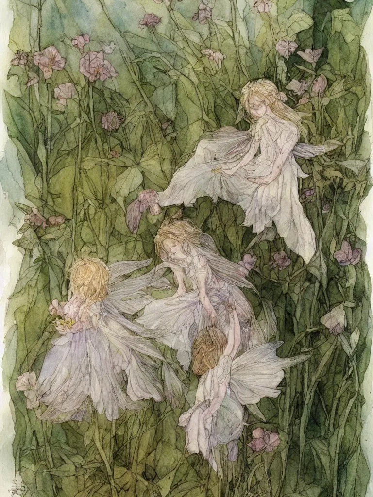 Image similar to annotated study of a flower fairy, illustration, watercolor, alan lee, detailed, pretty, ethereal,