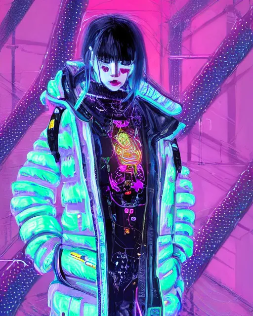 Image similar to detailed portrait Neon Operator Girl, cyberpunk futuristic neon, reflective puffer jacket, black leggings, decorated with traditional Japanese ornaments by Ismail inceoglu dragan bibin hans thoma !dream detailed portrait Neon Operator Girl, cyberpunk futuristic neon, reflective puffy coat, decorated with traditional Japanese ornaments by Ismail inceoglu dragan bibin hans thoma greg rutkowski Alexandros Pyromallis Nekro Rene Maritte Illustrated, Perfect face, fine details, realistic shaded, fine-face, pretty face