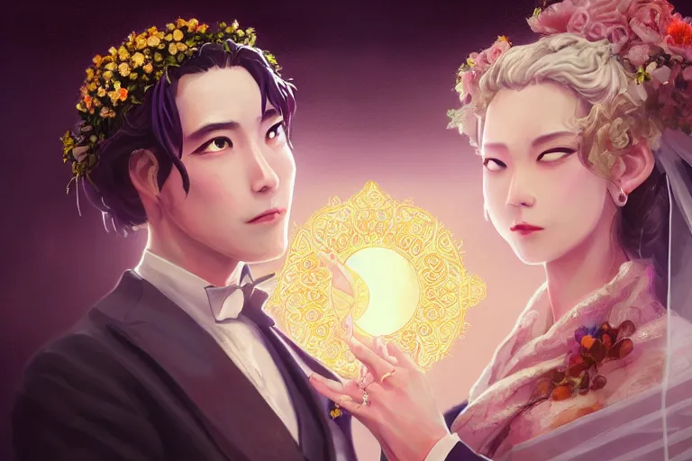 Image similar to a cinematic portrait of wedding photograph jpeg close up moment of a divine a japan sun god and moon goddess lovers magician at a wedding banquet. portraiture. digital painting. artstation. concept art. wedding photo. digital painting. violet evergarden art masterpiece by art by krenz cushart