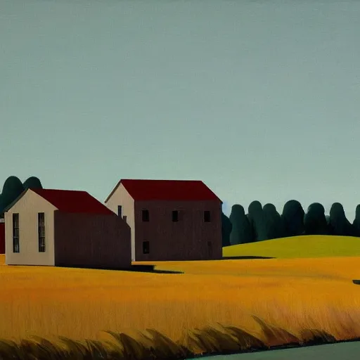 Image similar to dreaming futuristic rural landscape with modern houses, painted by Alex Katz and Edward Hopper, airbrush, highly detailed