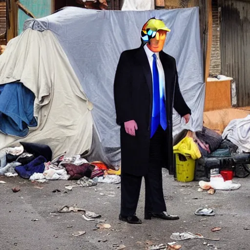 Image similar to donald trump dressed as a homeless man living in the slums