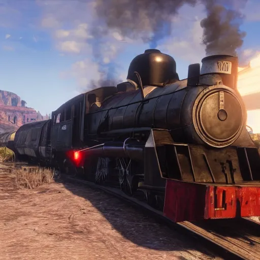 Image similar to futuristic sleek steam locomotive in red dead redemption 2