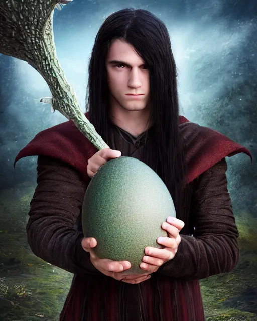 Prompt: portrait of elven teenage boy mage with long black hair holding dragon egg modern fantasy 4 k ultra high resolution