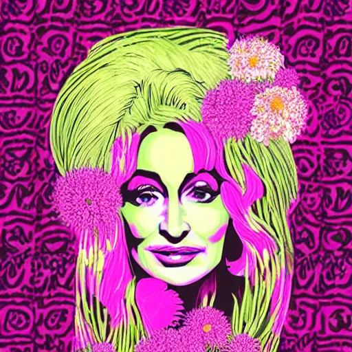 Image similar to flower child, Dolly Parton, graphic design