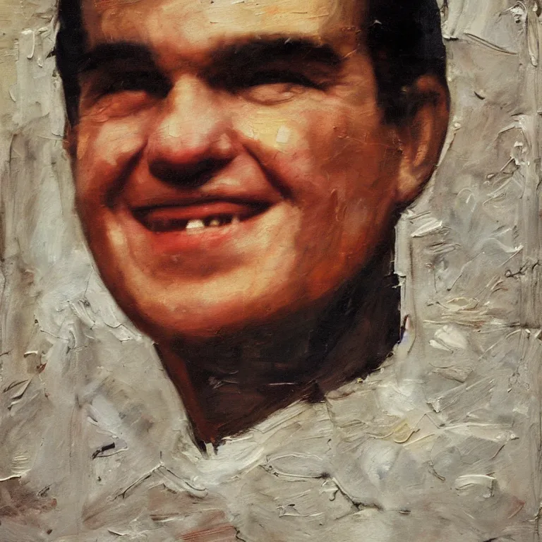 Prompt: Beautiful warmly lit close up studio portrait of young teenage Richard Nixon sweetly smiling, impasto oil painting heavy brushstrokes by Cy Twombly and Anselm Kiefer , trending on artstation dramatic lighting abstract Expressionism