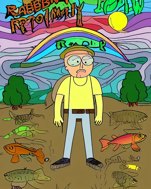Prompt: Rainbow Trout farmer drawn in the style of Rick and Morty, Adult Swim, Rick and Morty, Justin Roiland