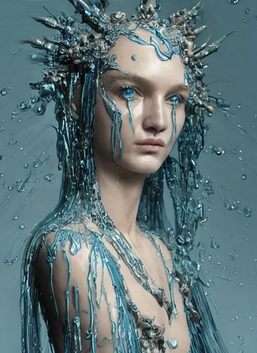 Image similar to sculpture made of water, portrait, female, future, shaman, harper's bazaar, vogue, magazine, insanely detailed and intricate, concept art, blue, wet, ornate, luxury, elite, elegant, trending on artstation, by ruan jia, by Kenneth Willardt, by ross tran, by WLOP, by Andrei Riabovitchev,