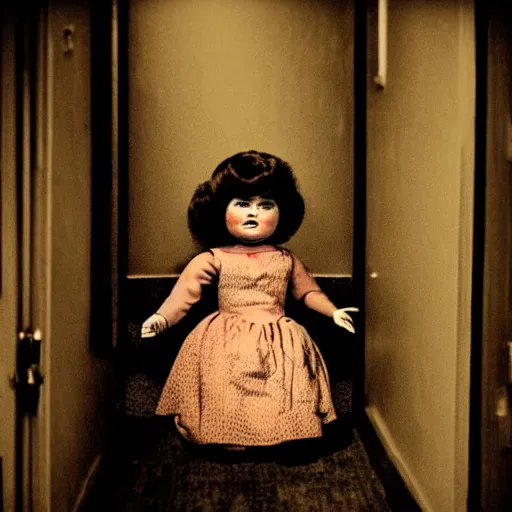 Image similar to creepy vintage doll in darkly lit hallway