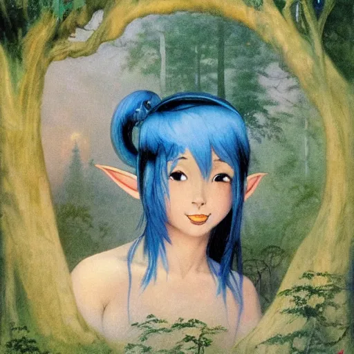 Prompt: beautiful young Asian elf woman with elf ears and blue hair in a hazy forest at dusk, by Frank Frazetta