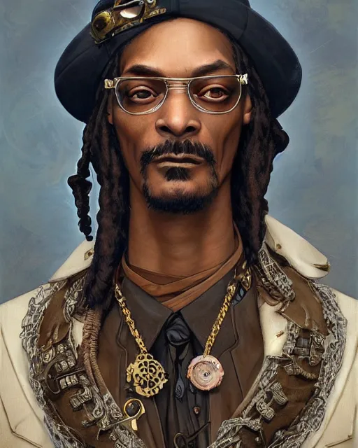 Prompt: steampunk snoop dog, masterpiece, intricate, elegant, highly detailed, digital painting, artstation, concept art, smooth, sharp focus, illustration, art by artgerm and greg rutkowski and alphonse mucha and uang guangjian and gil elvgren and sachin teng, symmetry!!