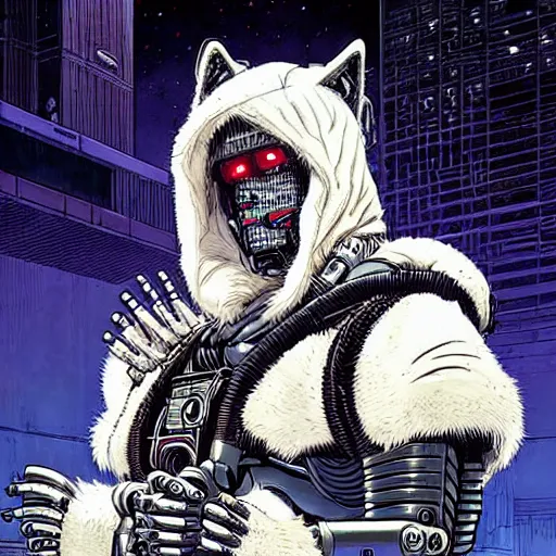 Image similar to portrait of a cybernetic werewolf warrior with white fur and power armor, cyberpunk concept art by josan gonzales and moebius and enki bilal and and dan mumford and jean claude meziere and philippe druilleg
