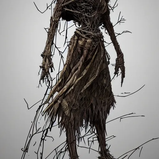 Prompt: amazing detailed realistic concept art of a female scarecrow made of twigs and metal, digital art artstation