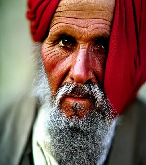 Prompt: portrait of president calvin coolidge as afghan man, green eyes and red scarf looking intently, photograph by steve mccurry