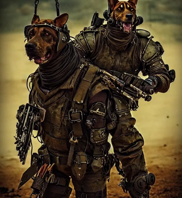 Image similar to a good ol'hound dog fursona ( from the furry fandom ), heavily armed and armored facing down armageddon in a dark and gritty version from the makers of mad max : fury road. witness me.