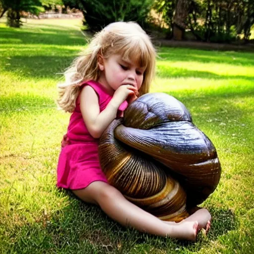 Prompt: little girl kissing a giant snail photo