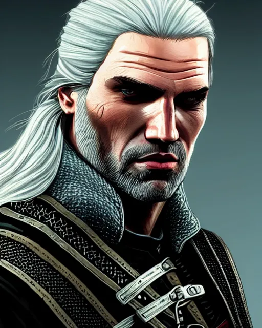 Prompt: portrait of geralt of rivia inspired by gta concept art, highly detailed, artstation, trending, concept art, by stephen bliss, anthony mcbain, roxie vizcarra