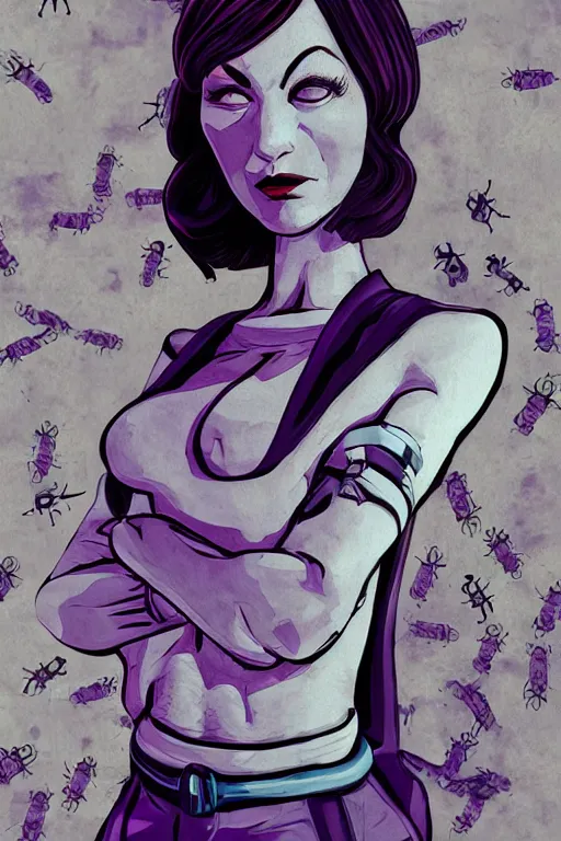 Image similar to bugs lady, with body full of bugs, cleanest posse, cleanest content, reduce duplication, justify, realistic parallel content, hyperrealistic anatomy, violet polsangi pop art, gta chinatown wars art style, sharp focus, bioshock infinite art style, incrinate, rgba color, white frame, balance proportion content